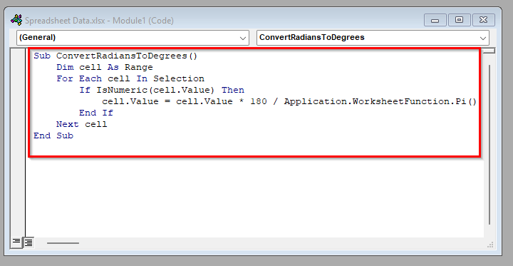 Convert Radians to Degrees Using a Simple VBA Macro