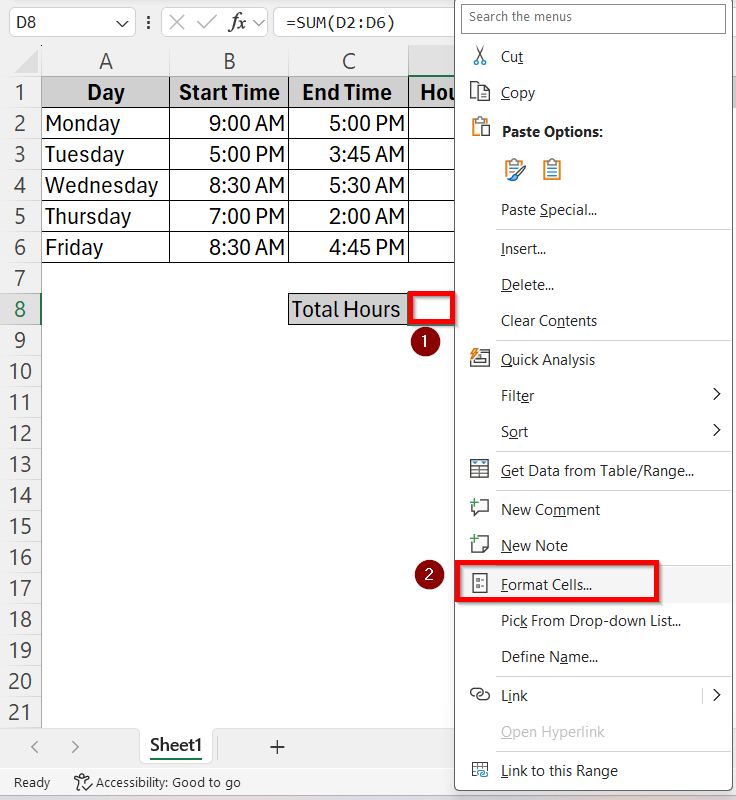 Calculate Total Hours Using MOD Function and Time Difference formula