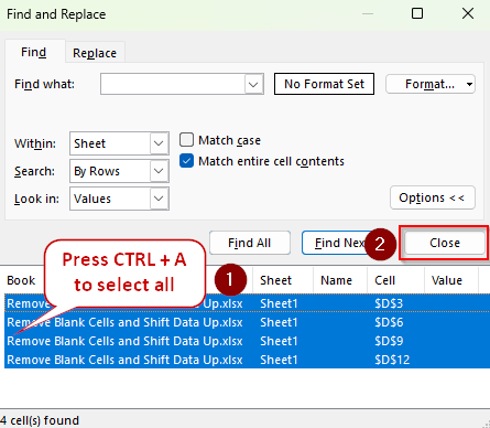 Delete Cells and Shift Data with the Find Command