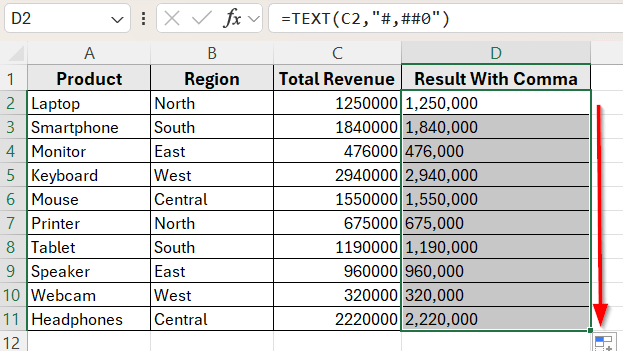 Use the TEXT Function to Convert Numbers with Commas