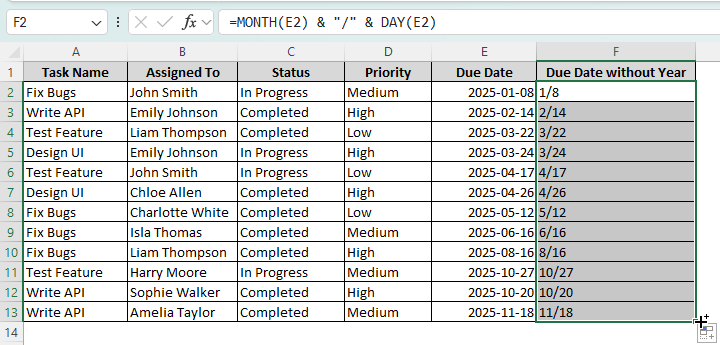 Combining the DAY and MONTH Functions