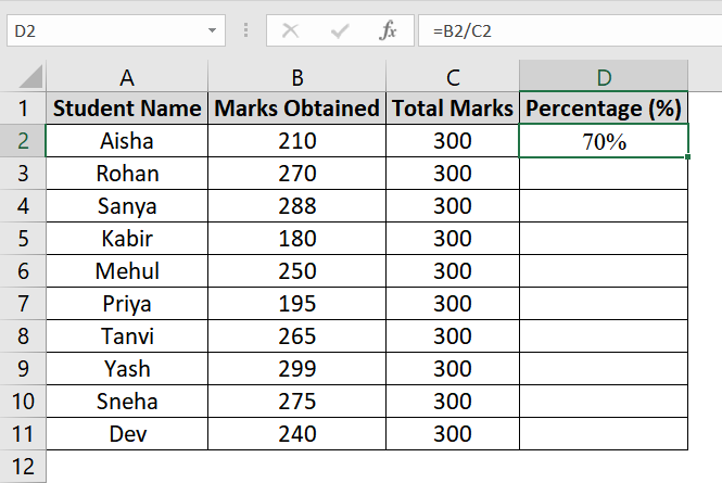 Using Percent Style with Formula for Marksheet in Excel