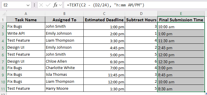 Deduct Hours and Specify Time Format with the TEXT Function