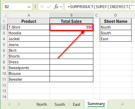 Combine SUMPRODUCT, SUMIF, and INDIRECT Function to Sum Across Sheets