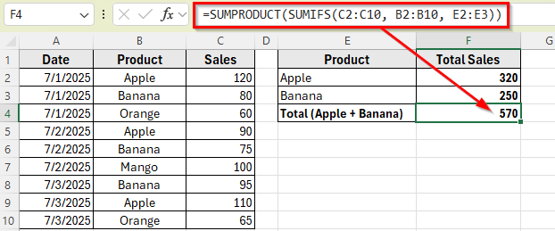 Combine SUMIFS with SUMPRODUCT Function to Add Multiple Criteria in the Same Column