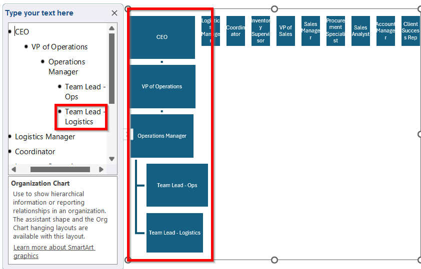 Utilize SmartArt Feature to Create an Organizational Chart from a List