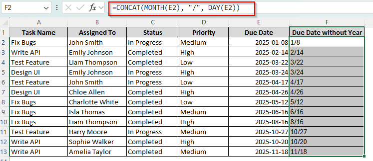 Enter CONCAT Function to Remove Year