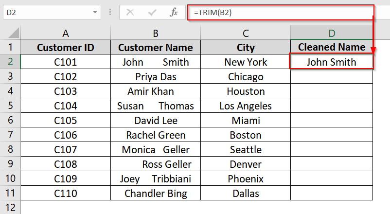 Use TRIM Function to Remove Extra Spaces In Excel Dataset