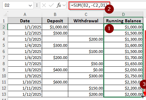 Utilizing the SUM Function to Calculate Running Balance from Deposits and Withdrawals