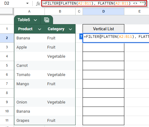 List All Cell Values in a Single Column Using FILTER and FLATTEN