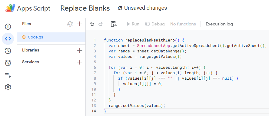 Implement Apps Script to Replace All Blank Cells with Zero (Advanced)