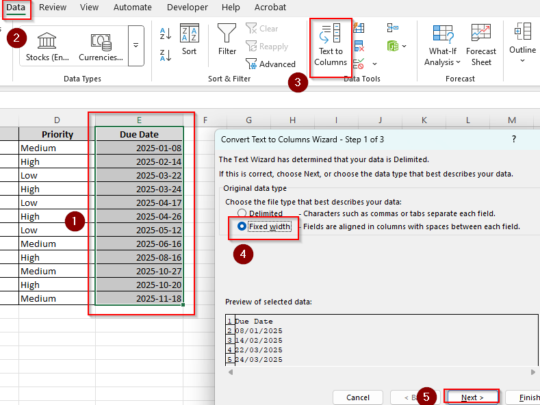 Using the Text to Columns Feature to Separate the Year Column
