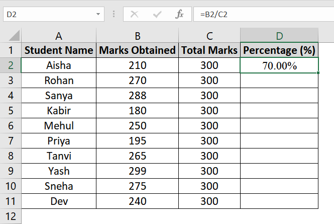 Using Percent Style with Formula for Marksheet in Excel