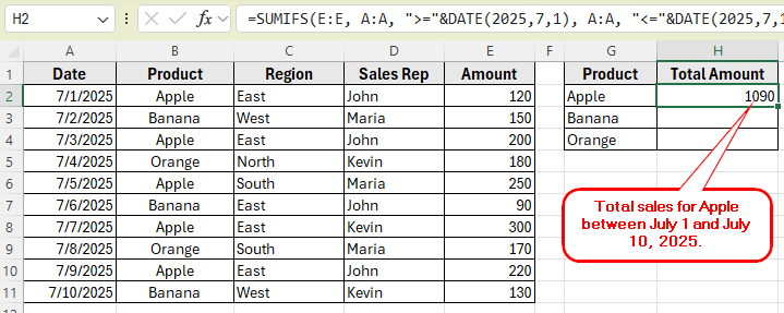 Apply SUMIFS with the DATE Function to Set Up Criteria Inside the Formula