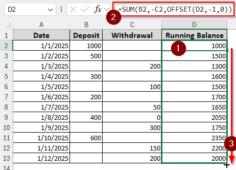 Mixing OFFSET with SUM to Calculate Running Balance from Inflows and Outflows