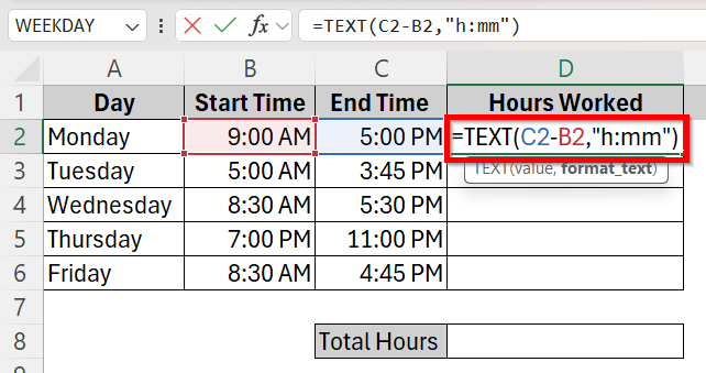 Calculate Total Hours Using TEXT Function
