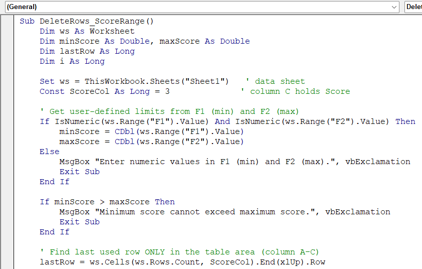 Delete Rows Based on a Data Range Using VBA