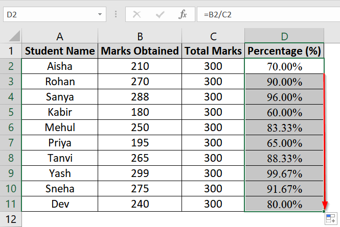 Using Percent Style with Formula for Marksheet in Excel