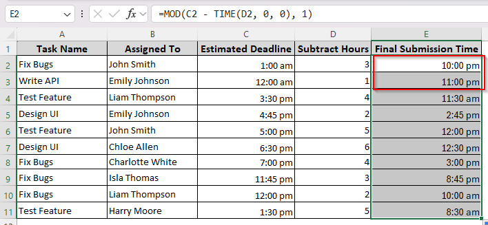Use the MOD Function for Times Crossing Midnight