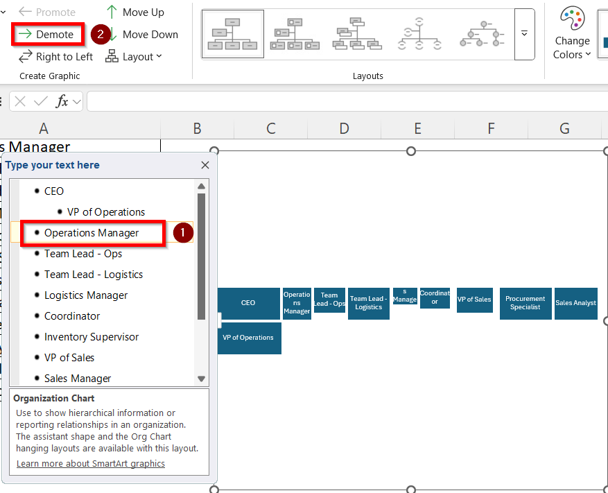 Utilize SmartArt Feature to Create an Organizational Chart from a List