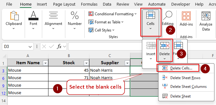 Applying A Filter to Delete Entire Rows with A Blank Cell and Move Data