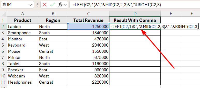 Combine LEFT, MID, and RIGHT to Insert Commas in Fixed-Length Numbers