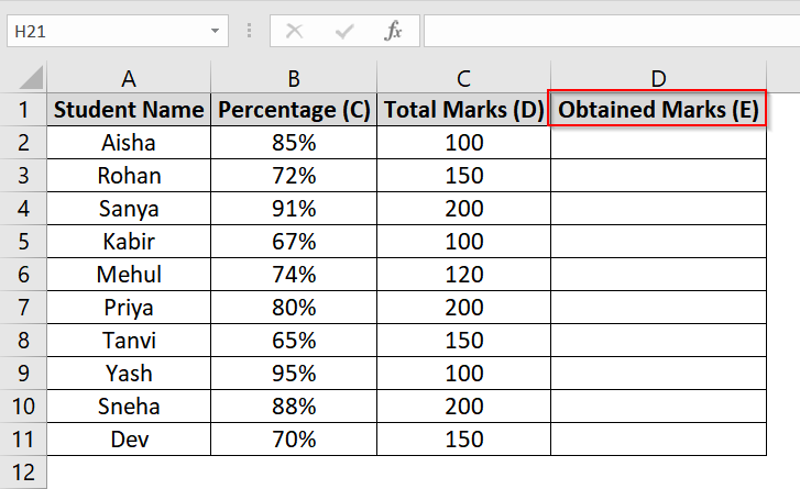 Calculate Obtained Marks from Percentage and Total Marks in Excel