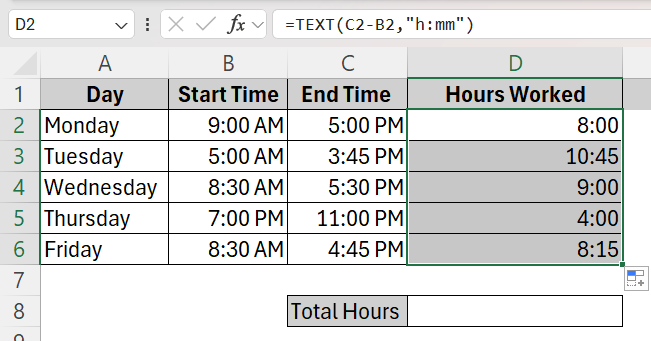 Calculate Total Hours Using TEXT Function