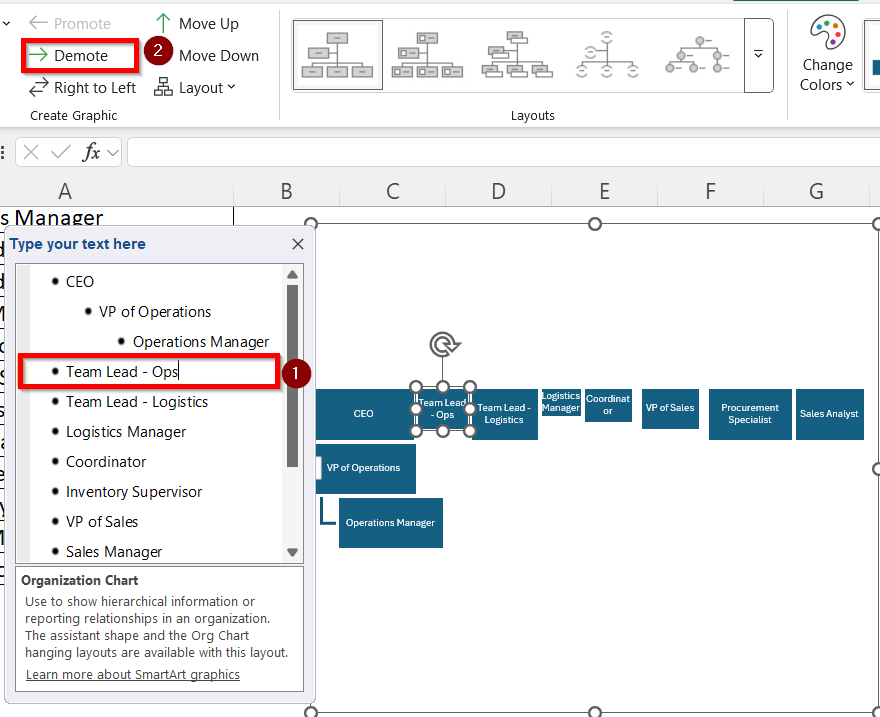 Utilize SmartArt Feature to Create an Organizational Chart from a List