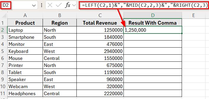 Combine LEFT, MID, and RIGHT to Insert Commas in Fixed-Length Numbers