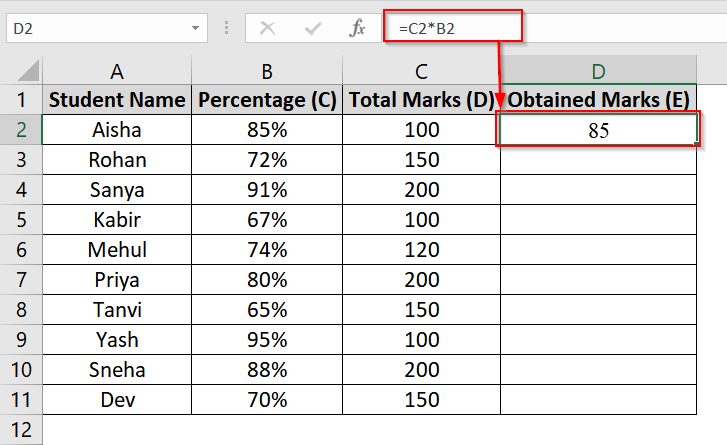 Calculate Obtained Marks from Percentage and Total Marks in Excel