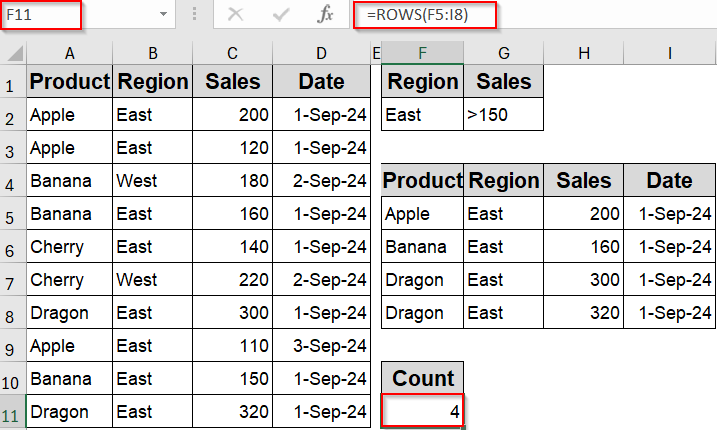 Count Unique with Advanced Filter and ROWS Formula