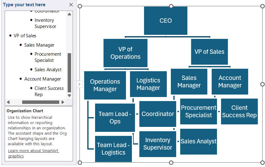 Utilize SmartArt Feature to Create an Organizational Chart from a List