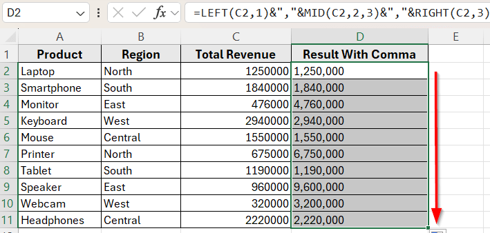 Combine LEFT, MID, and RIGHT to Insert Commas in Fixed-Length Numbers