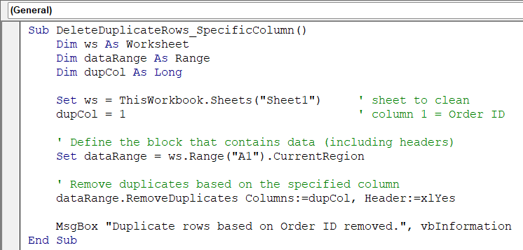 Eliminate Duplicate Rows Based on a Single Column with VBA