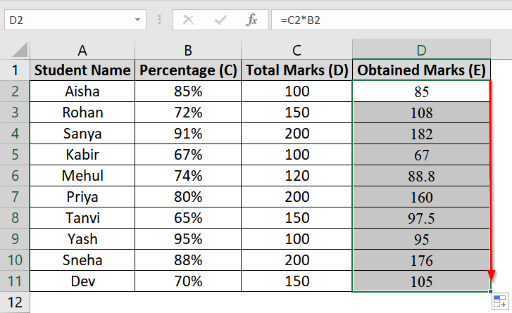 Calculate Obtained Marks from Percentage and Total Marks in Excel