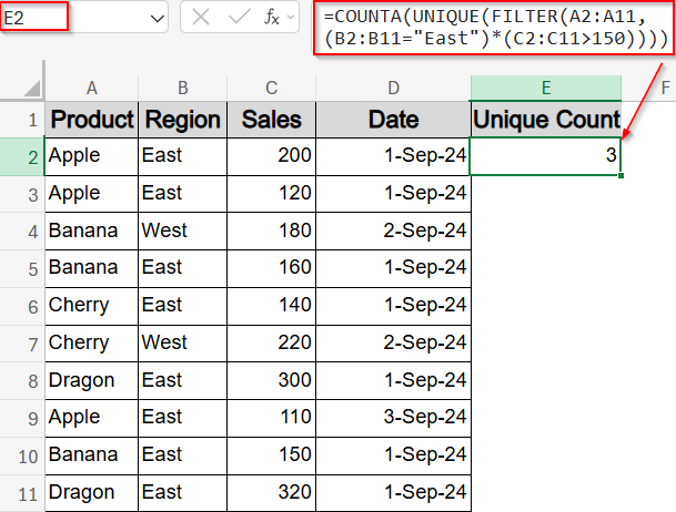 Count Unique Values with FILTER, UNIQUE, and COUNTA Function (Excel 365 / 2021)