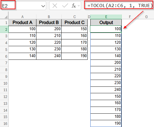 Consolidate Columns Using TOCOL Function (Excel 365 Only)