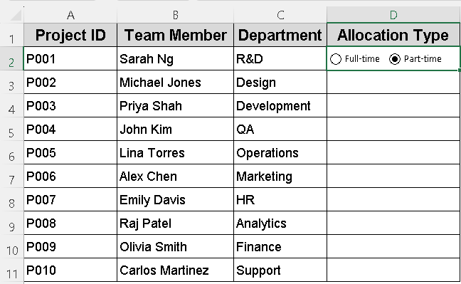 Insert a Radio Button in Excel