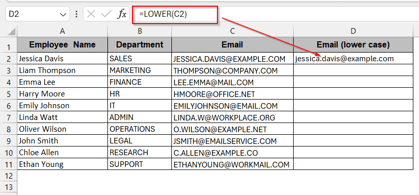 Using the LOWER Function To Change Uppercase