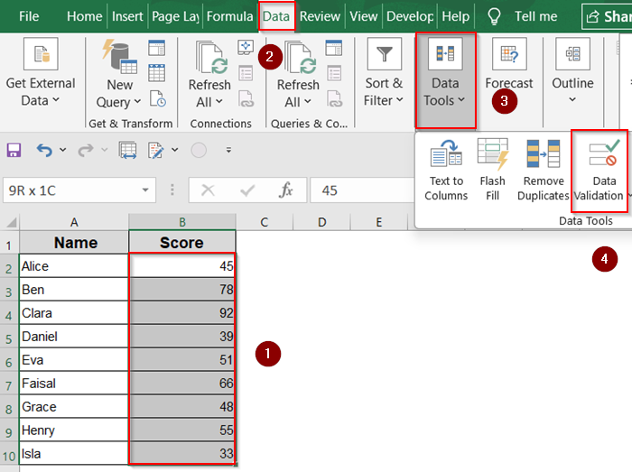 Use "Circle Invalid Data" from Data Validation