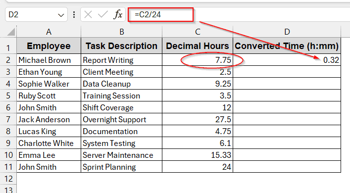 Divide Decimal Time by 24