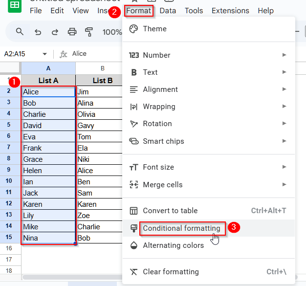 Find Duplicates in Two Columns in Google Sheets Data Using Conditional Formatting Rules