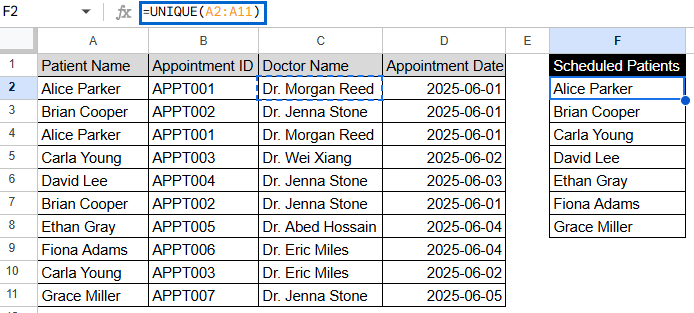 Using the UNIQUE Formula to Remove Duplicates