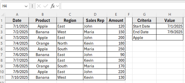 Use SUMIFS to Calculate Total Between Two Dates for One Product