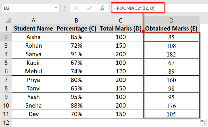 Calculate Obtained Marks from Percentage and Total Marks in Excel