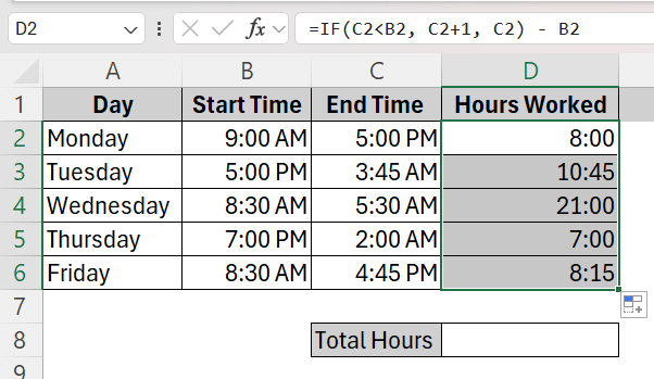 Use Conditional Formula to Calculate Total Hours In Overnight Shifts