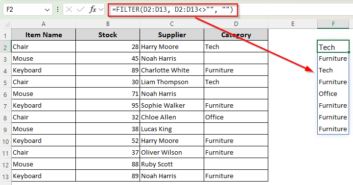 Extract Data from Non-Blank Cells with the FILTER Function