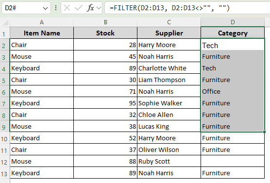 Extract Data from Non-Blank Cells with the FILTER Function