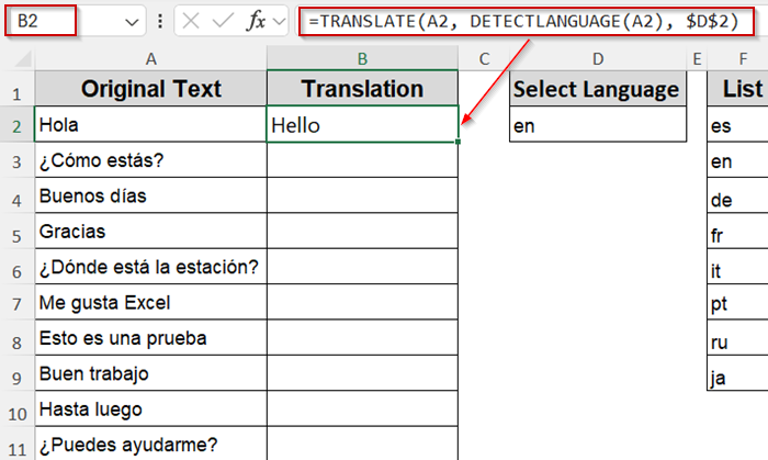 Apply TRANSLATE and DETECTLANGUAGE Functions (Microsoft 365 Only)